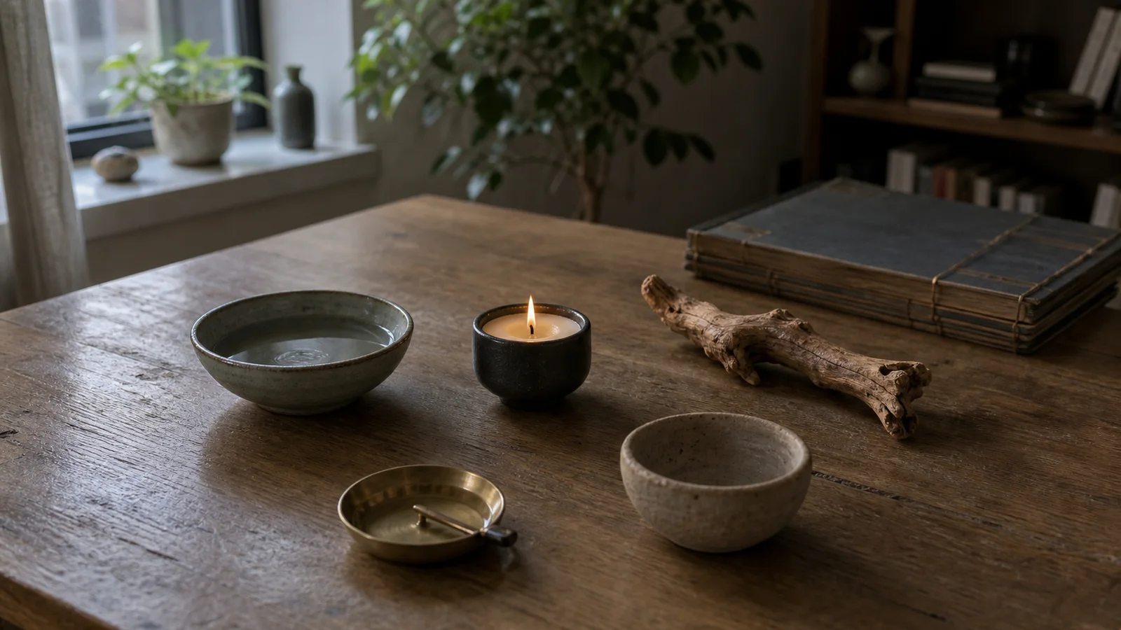 Real tabletop materials representing Wood, Fire, Earth, Metal, and Water in Wu Xing