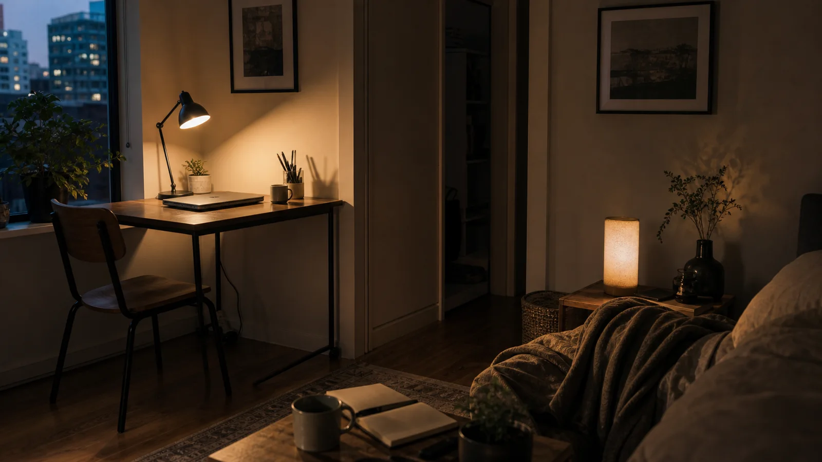 Dusk apartment showing Yin and Yang through work light and rest light